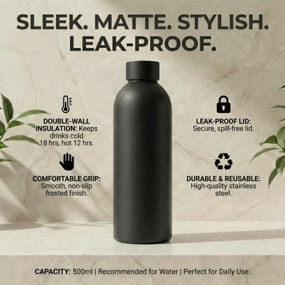 500ml Matte Finish Stainless Steel Water Bottle | Vacuum Insulated Hot & Cold Flask